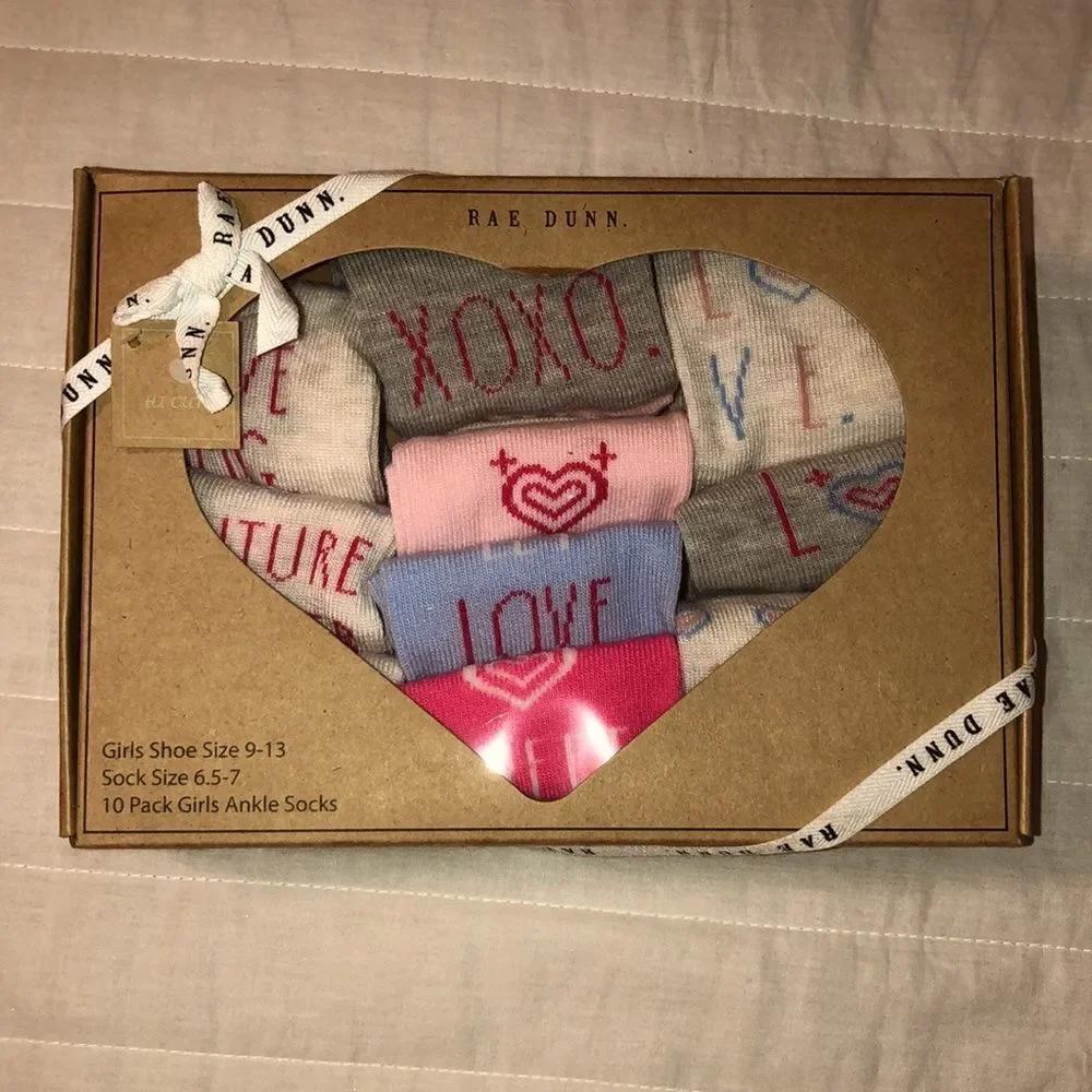 Rae Dunn socks ankle pack of 10 love theme girls shoe size 9-13/6.5-7
